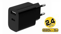 Carregador universal 1xUSB-A, 1xUSB-C 2.4A 12W preto