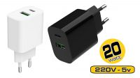 Carregador universal 1x USB-A QC 3.0, 1x USB-C PD 3.4A 20W