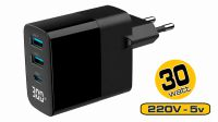 Carregador universal GaN 2xUSB-A QC3.0 1xUSB-C PD 3A 20W LCD preto