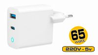 Carregador universal GaN 1xUSB-A QC 3.0 1xUSB-C PD 3.24A 65W LED branco