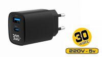 Carregador universal 2xUSB-A QC 3.0, 1xUSB-C PD 3.0Amp 30W LCD preto