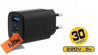 Carregador universal 2xUSB-A QC 3.0, 1xUSB-C PD 3.0Amp 30W LCD preto