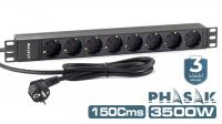 Regleta 19" PHASAK 8 tomas Schuko, 3500W 16A 1.5m Negra, 250V