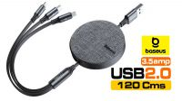 Cabo Baseus 3in1 Retrátil USB-A M, USB-C, lightning, Micro B, Máx. 3.5A, cinza 1.2m