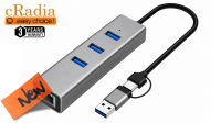 Adaptador cRadia USB 3.0/TypeC a RJ45 Giga + Hub USB 3.0 3p. preto