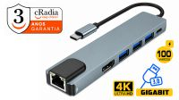 Docking cRadia 6in1 USB C  M - RJ45(giga),3xUSB3.0 ,HDMI 4k,  100W PD