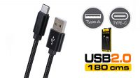 Cabo USB 2.0 Tipo A Macho - C Macho preto revestido algodão 1.8m