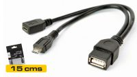 Cabo de dados OTG USB 2.0 A Fêmea a Micro B Fêmea + Micro B macho preto 15cm