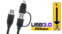 Cabo USB 3.0 tipo A-A com adaptador para USB C negro