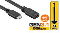 Cabo USB extensão 3.1 C Macho a USB 3.1 C Fêmea Gen1